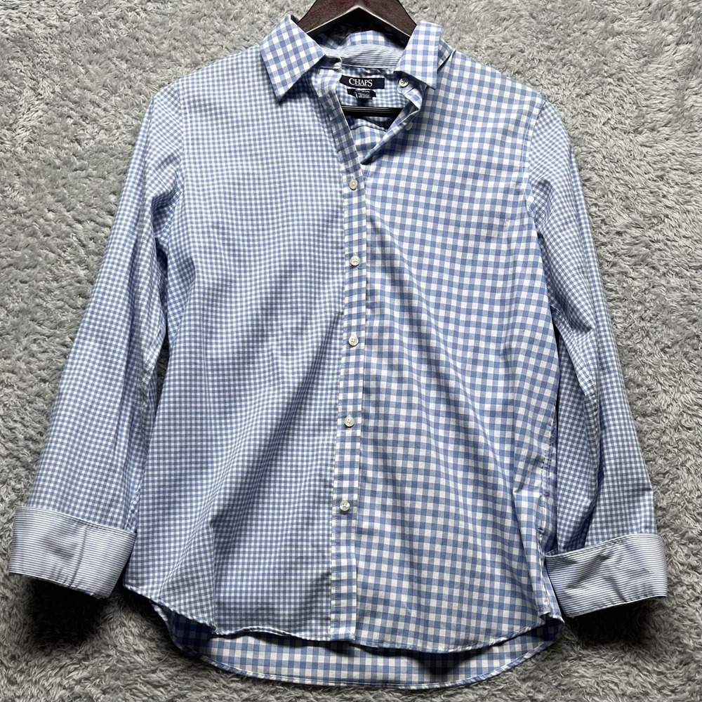 Chaps No Iron‎ Top Womens Medium Blue White Check Flip Cuff Button Up Shirt